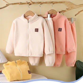 Conjuntos de felpa para niños, trajes de lana cálidos para otoño e invierno, cárdigan grueso para bebé, Top + Pantalones, trajes de 2 uds, ropa de casa para niños y niñas