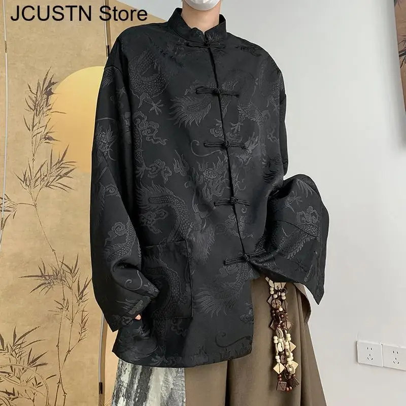 Male Hip Hop Gothic Tops Chinese Style Jacquard Dragon Shirt Harajuku Blouses Satin Streetwear Long Sleeve Tang Clothes