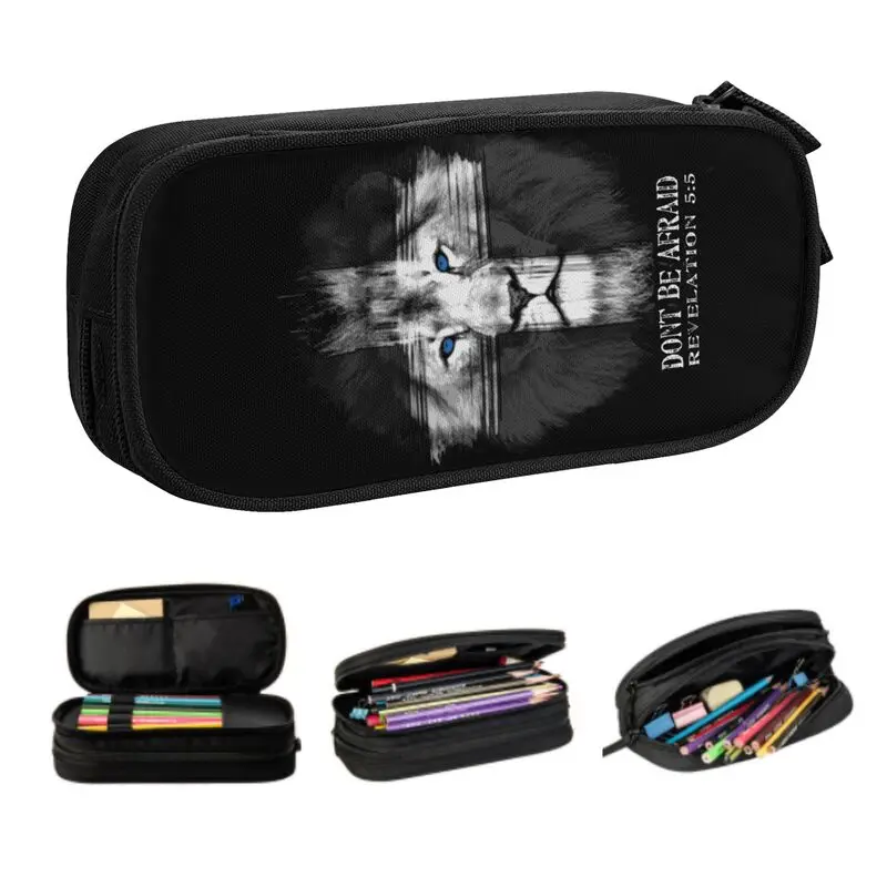 

Custom Cool Lion Of Judah Jesus Cross Cute Pencil Case Boy Girl Large Capacity Christian Faith Pencil Bag School Supplies