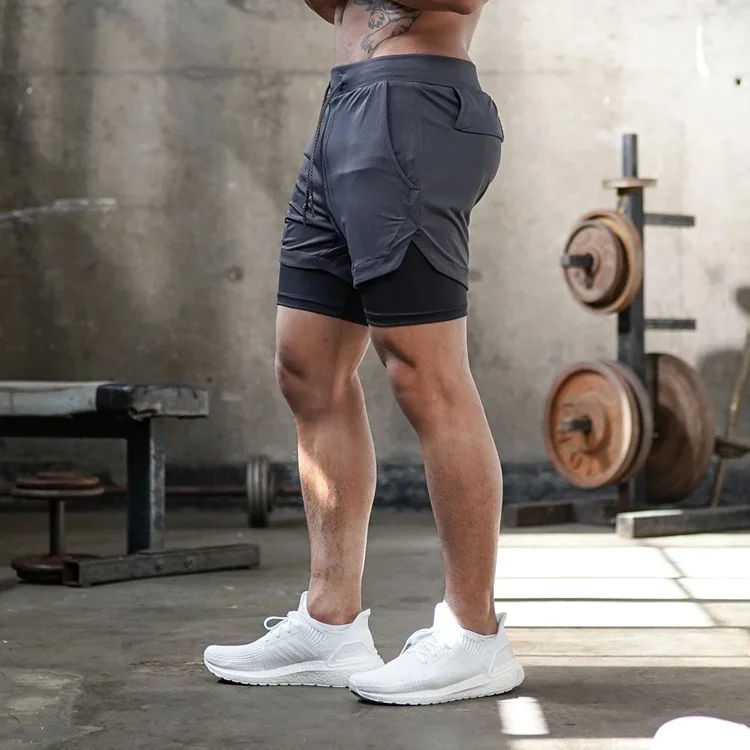 

2021 Men'S Sports Shorts Two-In-One Camouflage Print Stretch Waist Sports Pants Drawstring Jogging Fitness Quick-Drying Shorts