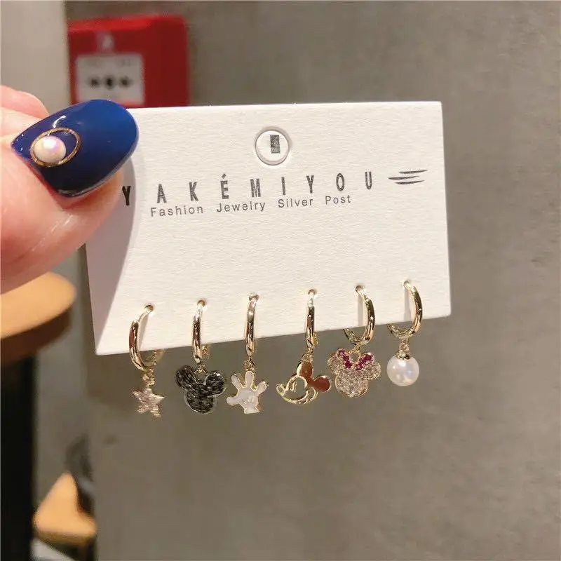 

Cartoon Mickey Lady Earrings 6 Piece Set of Girls Heart Earrings Fun Asymmetric 925 Silver Needle Girls Stud Earrings