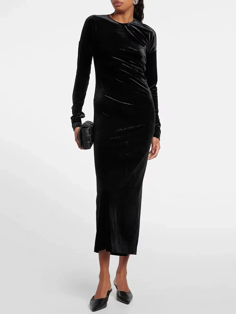 

Mid-Length Dress for Women 2024 Spring New Velvet Hem Split Round-Neck High Waist Solid Color Slim Casual Long Sleeve Robe