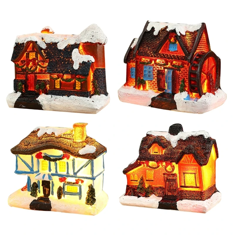 

448B Christmas Decorations Resin Snow Villages Decors Christmas House Building Figurine with LED Light New Year Ornament