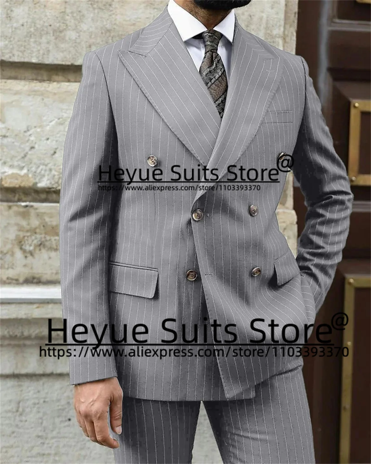 Business Black Stripe Men Suits Slim Fit Double-breasted Groom Formal Tuxedos 2 Pcs Sets Office Work Male Blazers Costume Homme