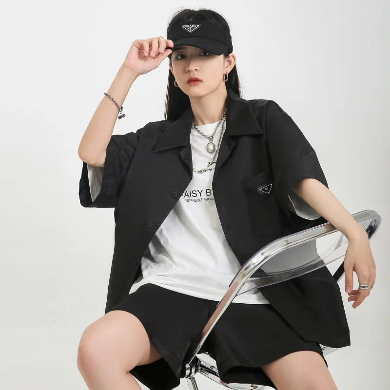 Women's Short Sleeve Shirt Sets, Oversized Streetwear, Loose Button Blouse and Casual Shorts, Summer Fashion, 2021, 2 Pcs