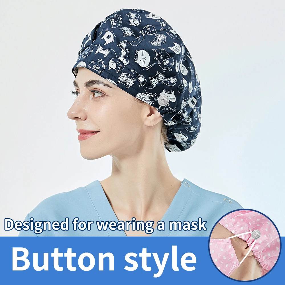 Cartoon Print Long Hair Scrubs hats 