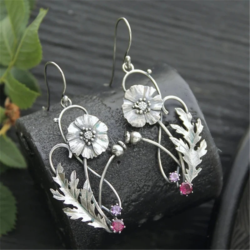 Drop Earrings Dangle Earrings Flower Earrings Vintage Silver Color Mushroom Elven Forest Leaf Flower Dangle Earrings Women