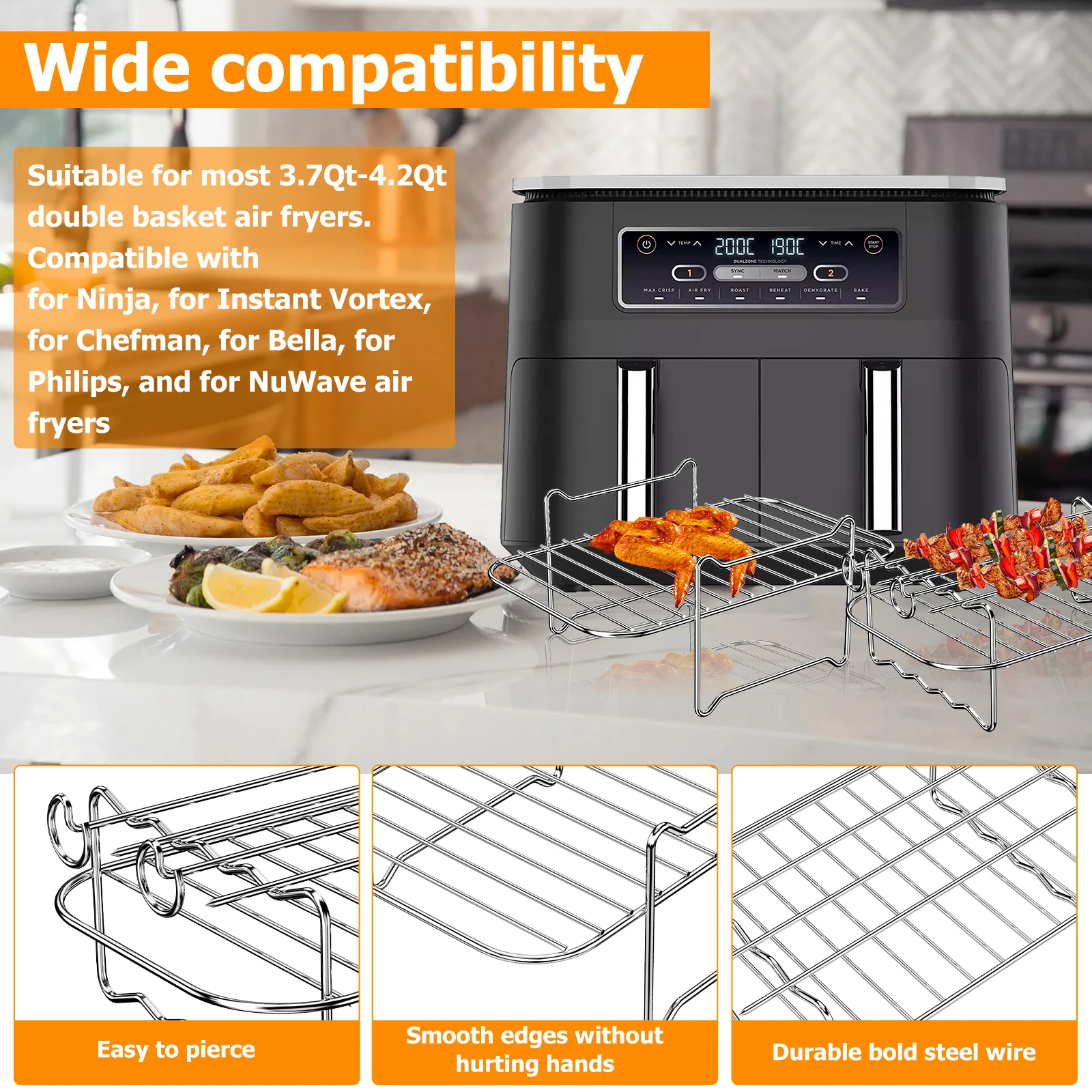 1pc Stainless Steel Air Fryer 4-pin Skewer Rack, Multi-purpose Air Fryer  Rack