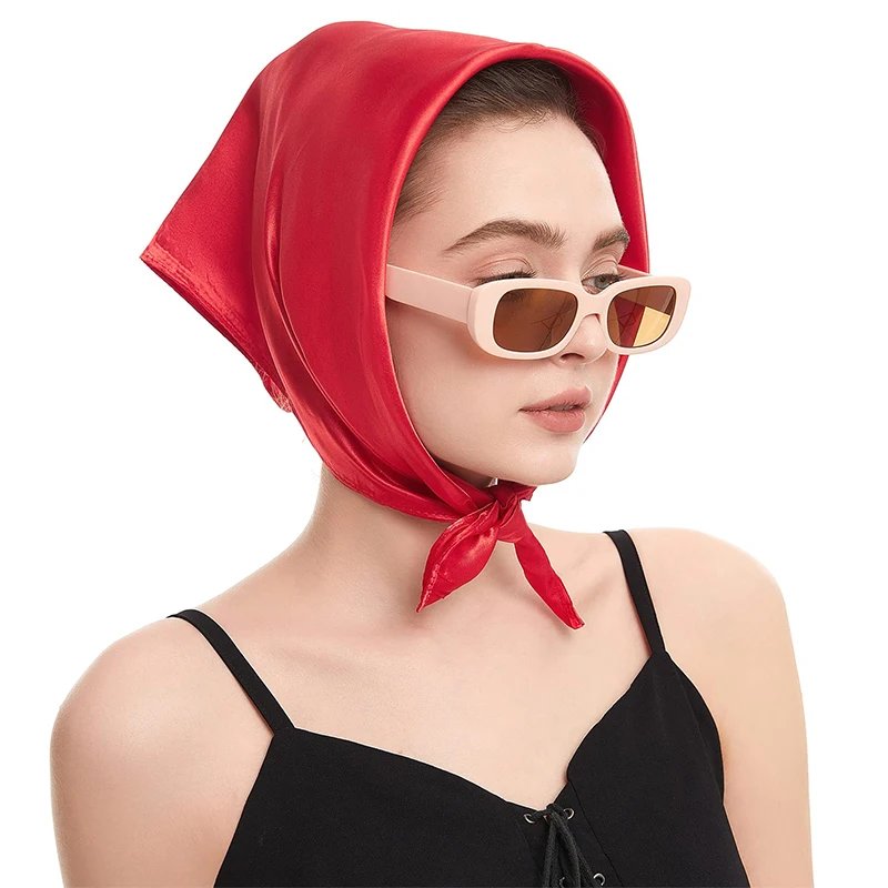 2024 New Fashion Women Satin Silk 60x60CM Square Hijab Solid Color Lady Silk Sunscreen Versatile Bandana Scarves 3
