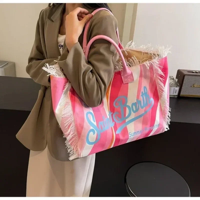 2025 New Y2k Cartoon Summer Bag Fashion Beach Large Capacity Shoulder Work Handmade Tassel Denim Print Tote Bag Clothing Bag 5