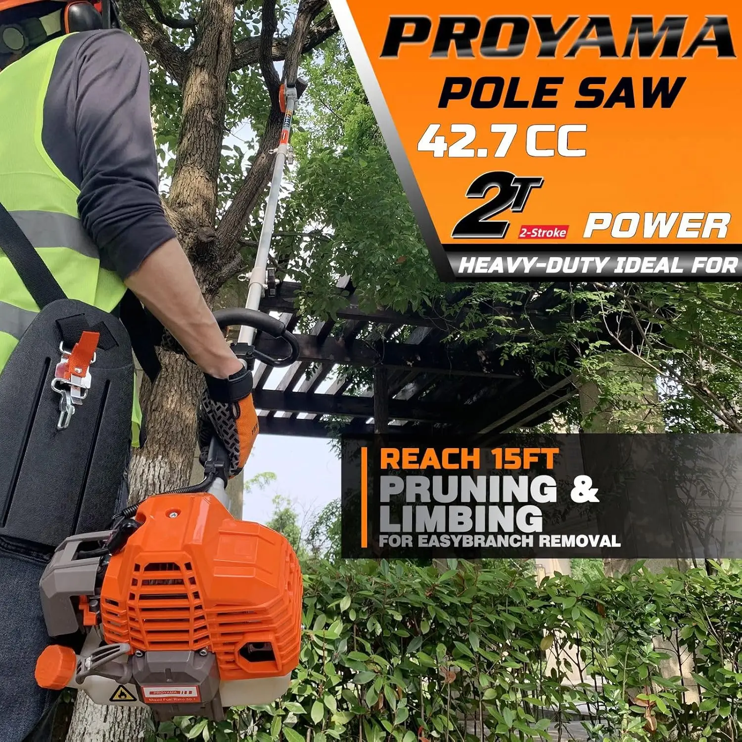 90-180 Degree 42.7cc Head Adjustable Pole Chainsaw for Tree Trimming with 12 inch Cutting Bar Chain 43-inch Extension 3