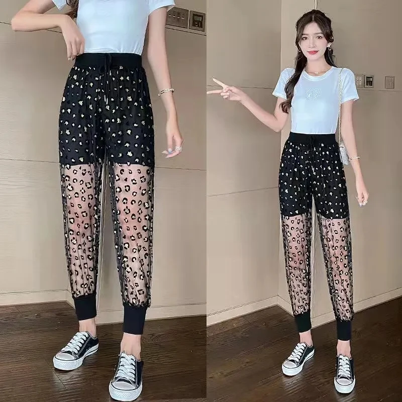 

2022 Summer Ice Silk Capri Pants Female New Embroidery Harem Pants Womens Thin Loose Mesh Casual Sunscreen Black Pantalon Femme
