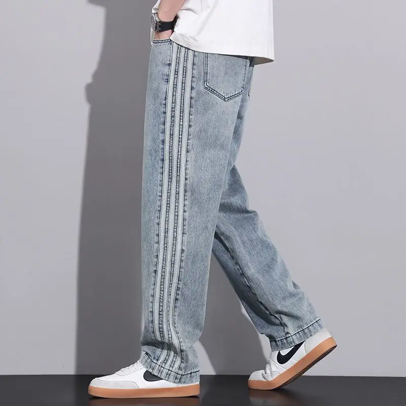 Summer New Thin Vintage Patchwork Casual Straight Loose Jeans Men Solid Striped Drawing Pocket Trendy Versatile Wide Leg Pants