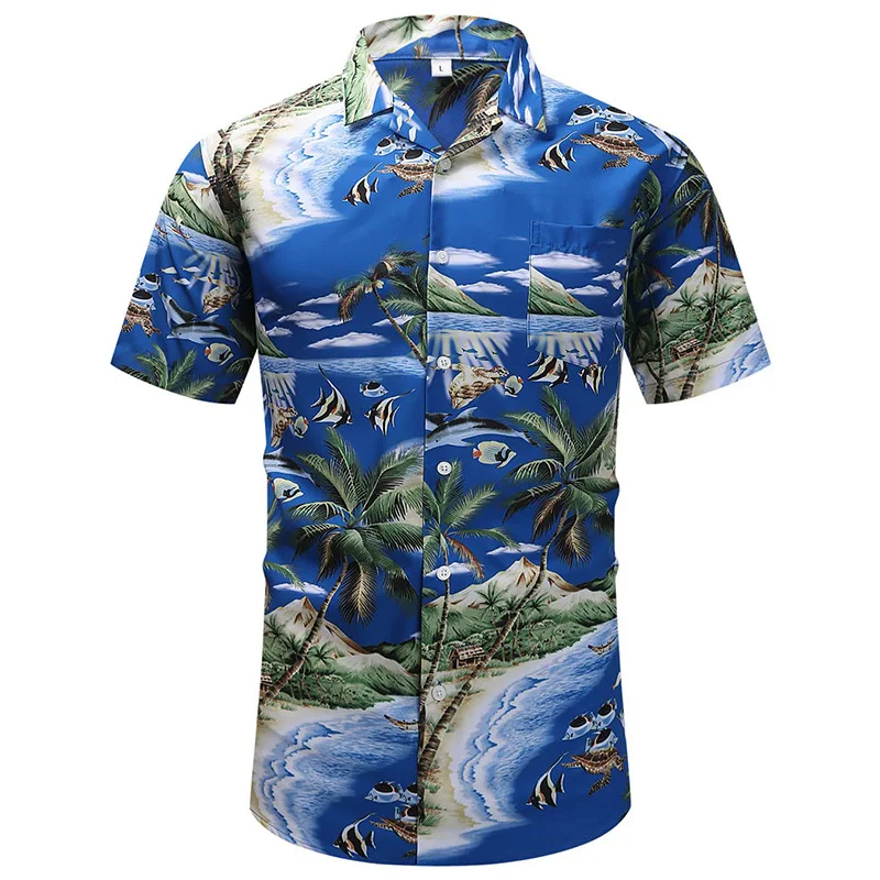 thumbnail image 1 of Camisa hawaiana de playa para hombre, ropa con estampado 3D de hojas de madera, palmeras y2k, blusa informal de verano con solapa y manga corta, 1 of 5