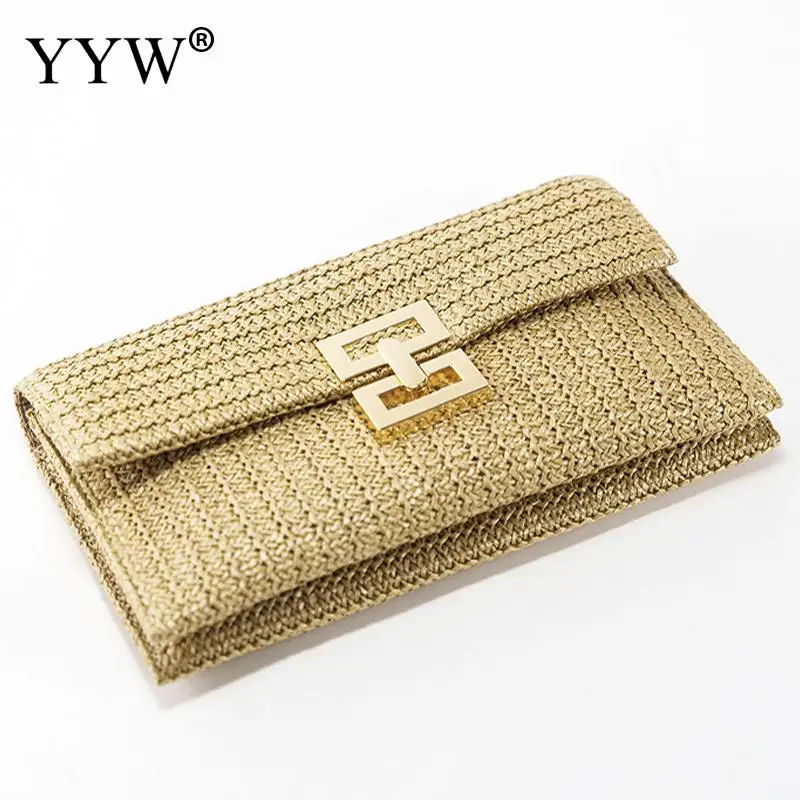 Straw Envelope Evening Party Handbag Fashion Women Weave Pattern Gold Clutch Messenger Purses Lady Daily Commuting Wallet Bags - Image 4