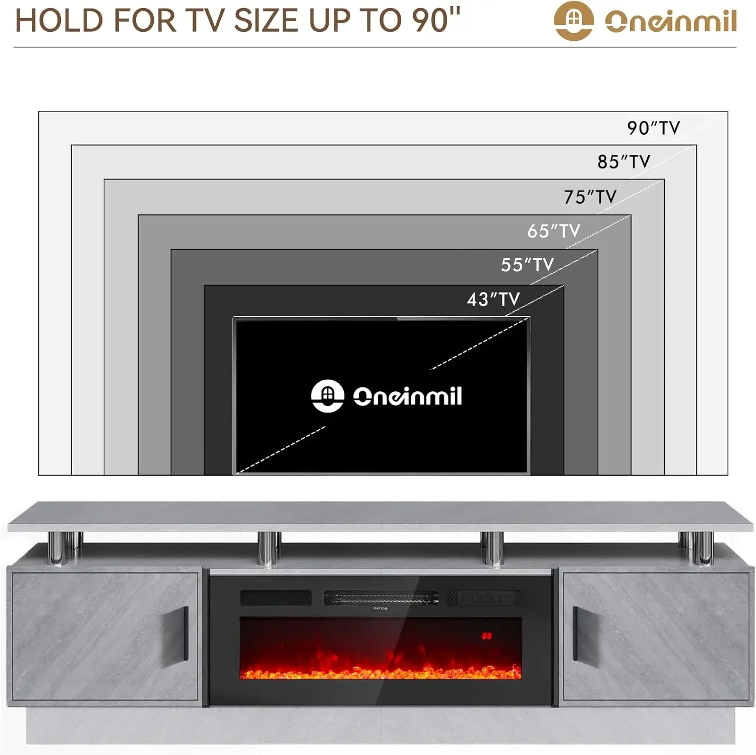 Fireplace TV Stand with 36”Electric Fireplace, 80” 2 Tier TV Console Stand for TVs Up to 90",LED Light Entertainment Center,Gray 6