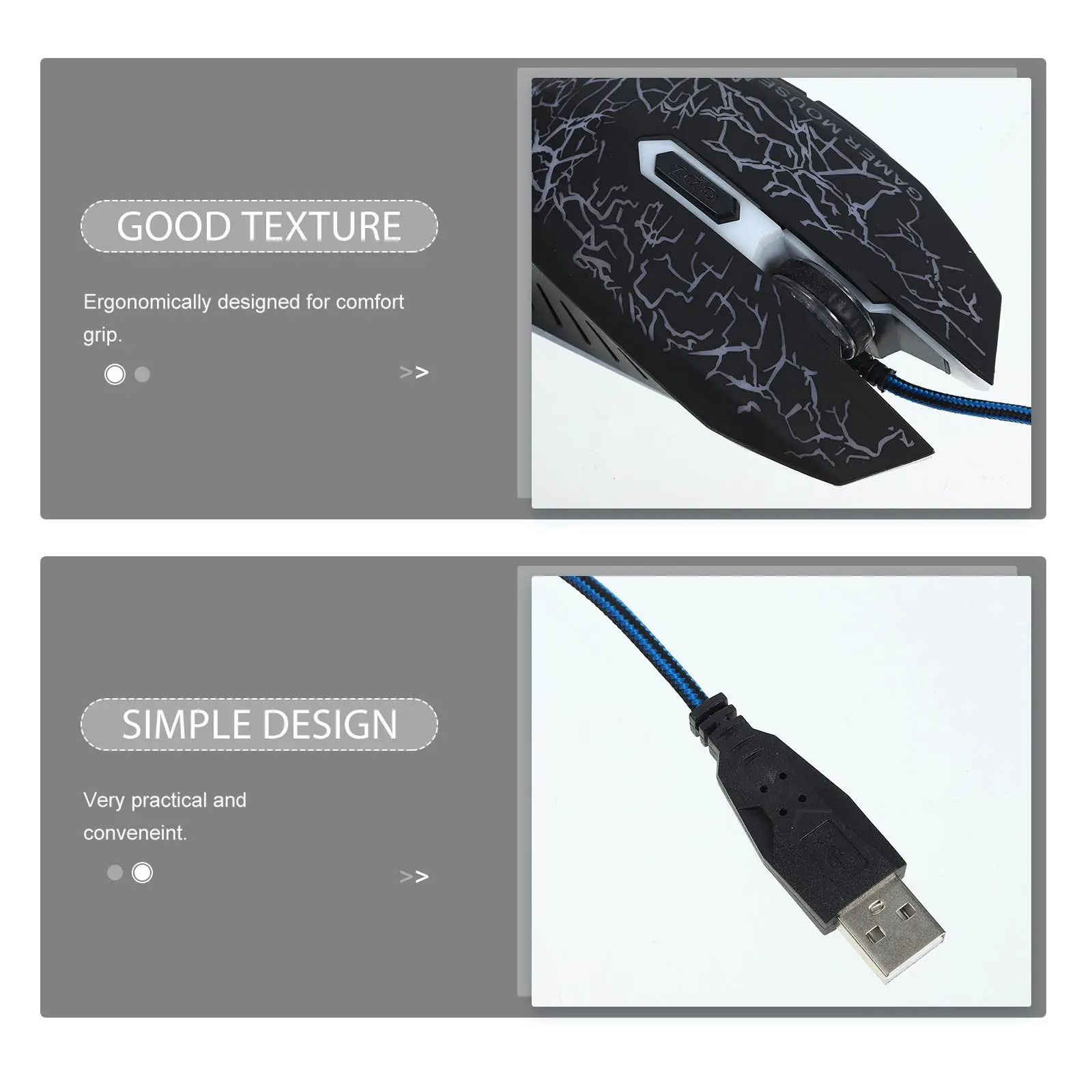 게임용 마우스 광학 USB 수신기 6버튼 블랙 인체공학적 미끄럼 방지 롤러 라이트 크랙 디자인 데스크탑 노트북 컴퓨터