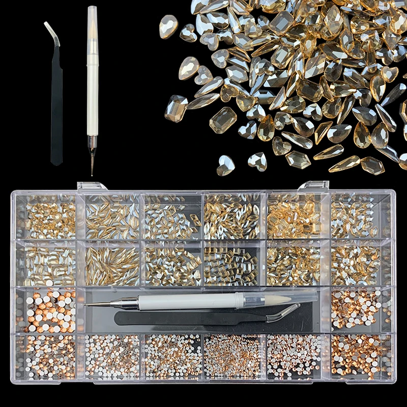 sewing material shop near me 21 Grid Box Flatback Nail Rhinestone Set Diamond Crystal Glass Rhinestones Kit Luxury Shiny Nail Art With 1 Pen For Decorations Genuine Leather Fabric & Sewing Supplies