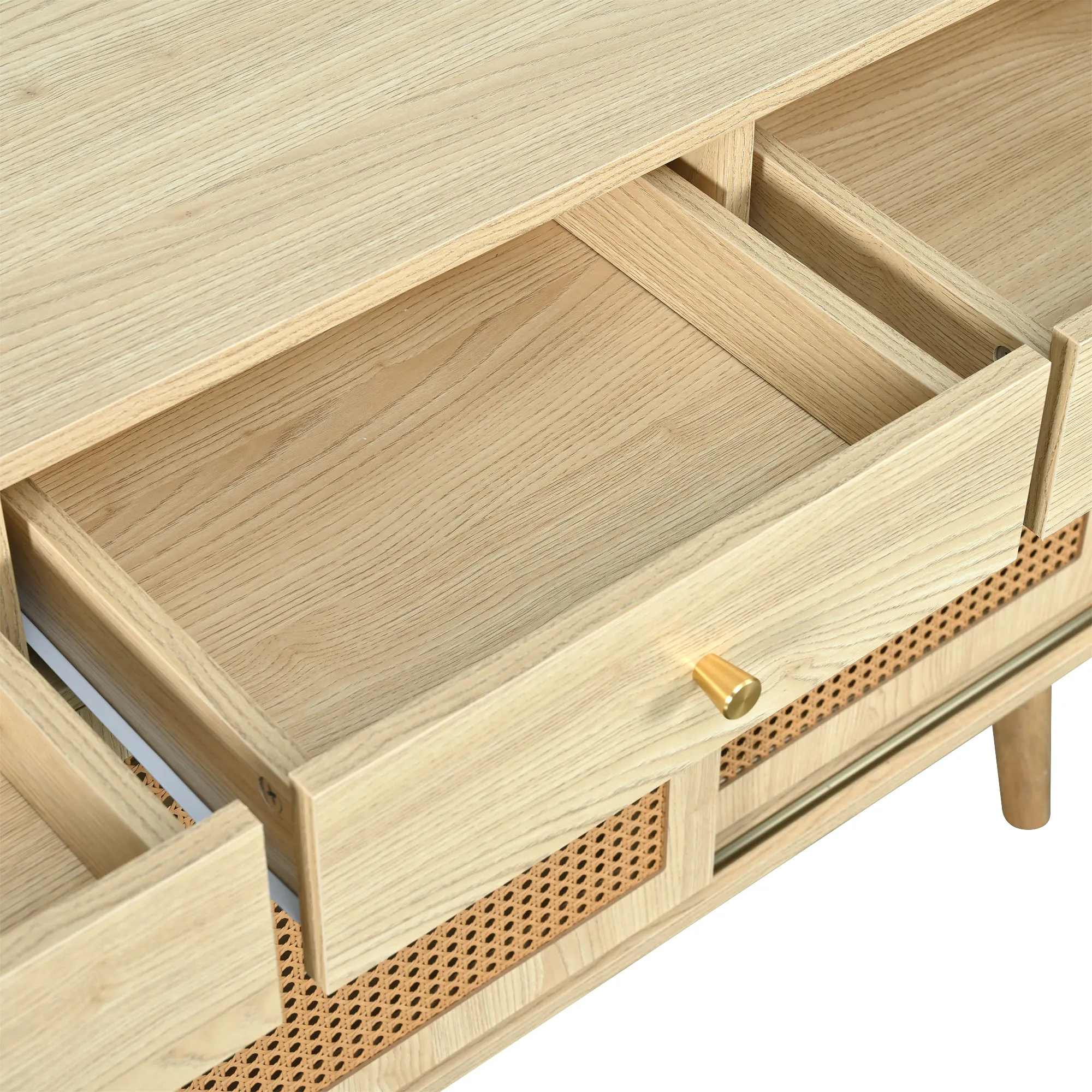 Sideboard, Kommode mit 3 Schubladen und 3 Schiebetüren, Rattan-Geflecht auf den Türfronten, Beine aus Massivholz, goldene Metallstange – Detail 15