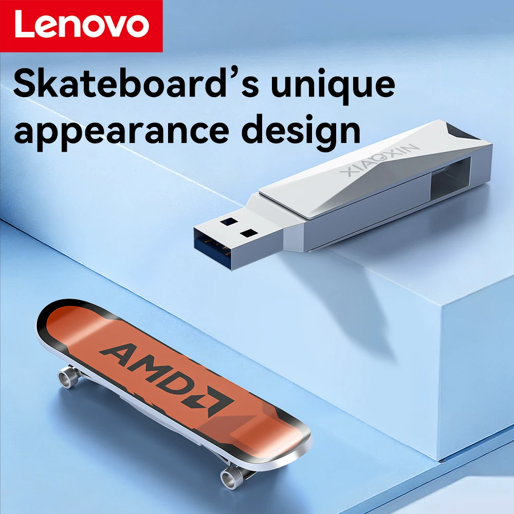 레노버 128GB 스케이트보드 USB 드라이브, 듀얼 USB-C & USB-A 포트, 360 °   회전 가능한 고속 SSD 플래시 드라이브 (휴대폰/노트북용)