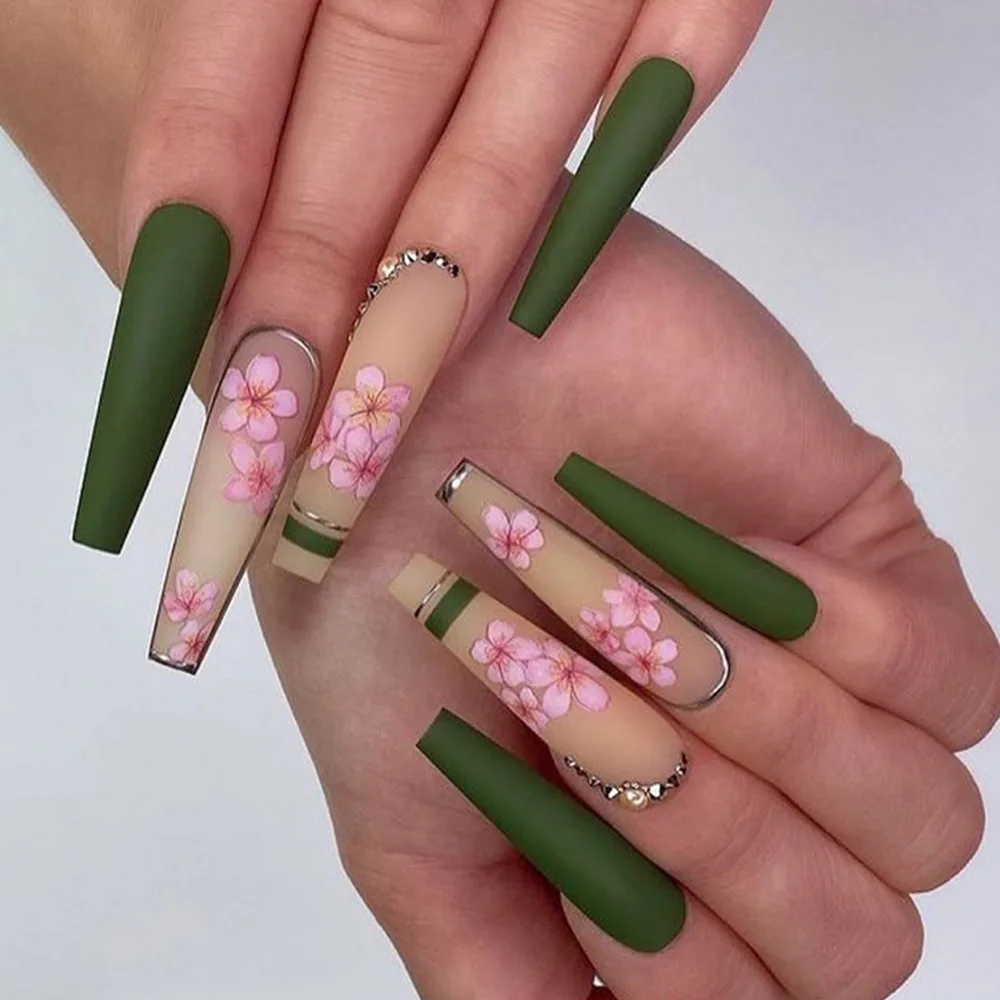 Uñas postizas largas de 24 piezas, uñas acrílicas con forma de ataúd,  diseño Floral rosa, cobertura completa, artículos de envío gratis -  AliExpress