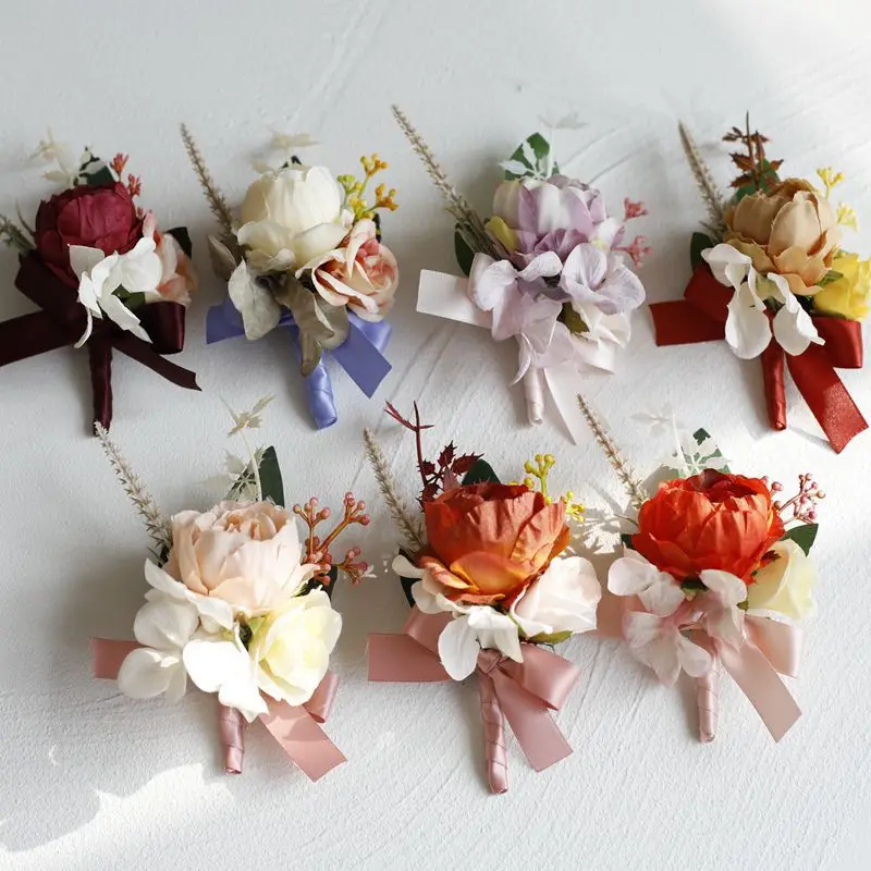 

Groom Boutonniere Suit Corsage Bridal Artificial Silk Peony Wrist Flower Bridesmaid Groomsmen Wedding Mariage Party Supplies