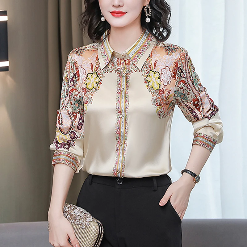 2025 Spring Fashion Floral Print Blouse Women Satin Shirts Ladies Tops Autumn Long Sleeve Silk Shirts Blusa Mujer Clothes 18440