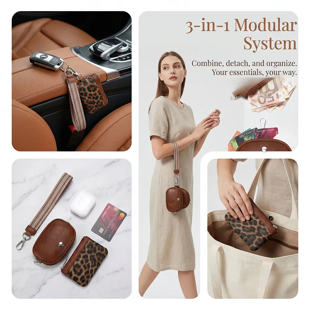 Stylish Mini Zipper Wristlet for Women - Double Pocket Portable Keychain Coin Purse with Detachable Feature