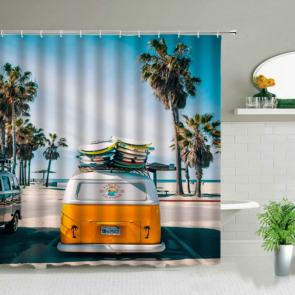 Vintage Summer Holiday Retro Bus Camper Van Shower Curtains Surfboard