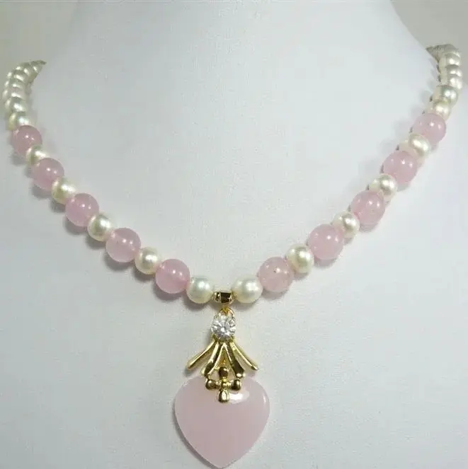 

pretty 7-8mm mixed white pearl & pink jade bead + heart jade pendant necklace