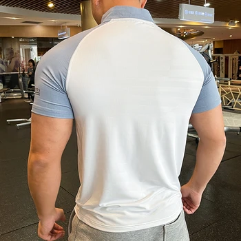 Breathable Short Sleeve Zipper collar Men Running Fitness Tshirt elastic Quick Dry Sports Bodybuilding tennis Training Shirts - Image 2