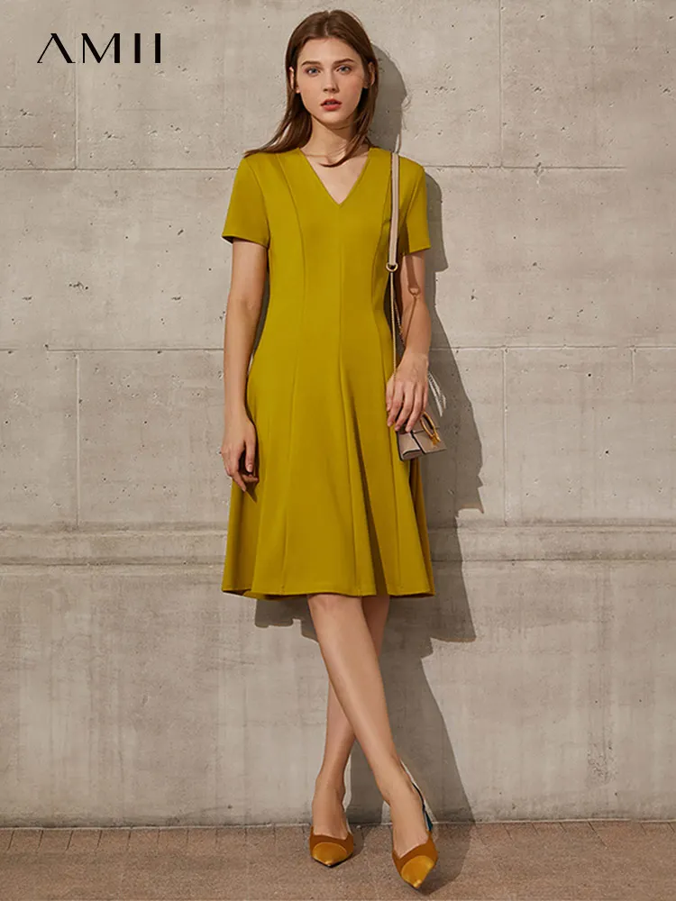 Amii minimalismo vestido de verão moda feminina sólido com decote em v a linha magro verão midi vestido elegante feminino 12160003