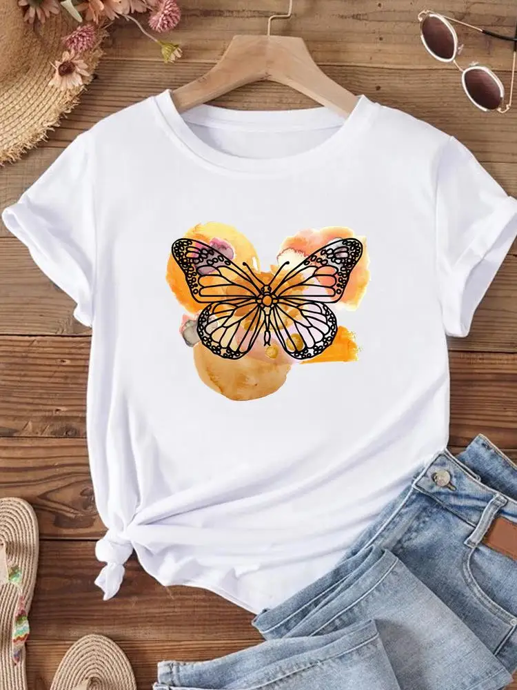 

Short Sleeve Clothes Clothing Women Graphic Top T Shirt Watercolor Butterfly 90s Fashion Summer Print T-shirt Tee