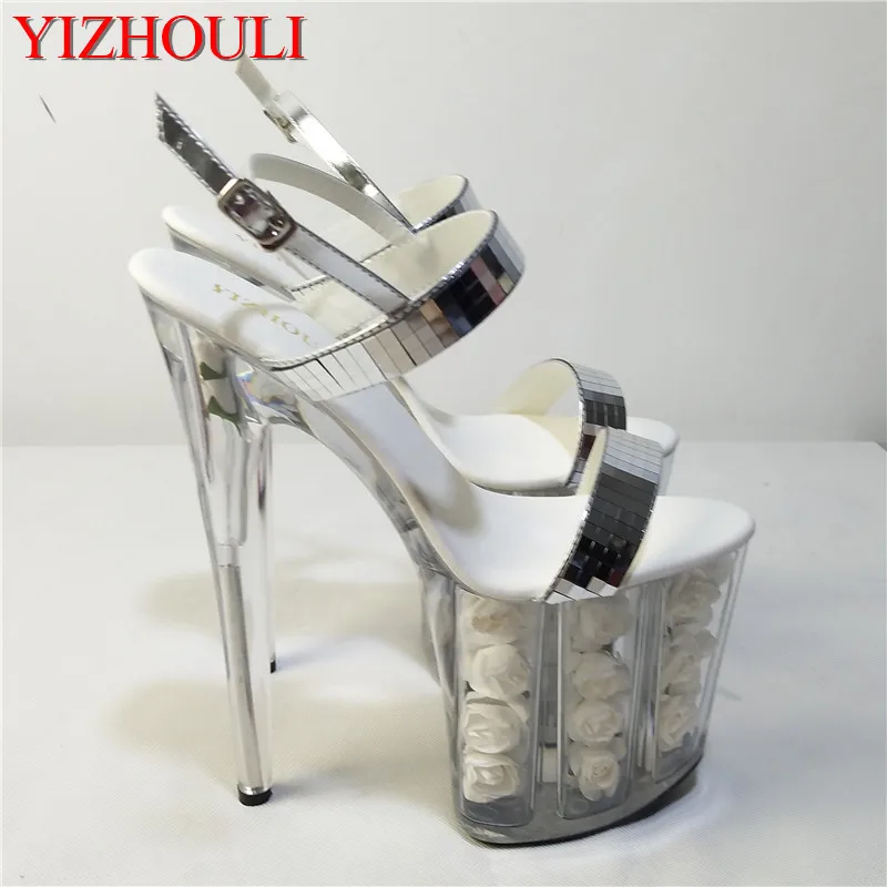 

8 inch white flowers fashionable wedding heels silver glitter strappy Stripe Platform pole dance shoes