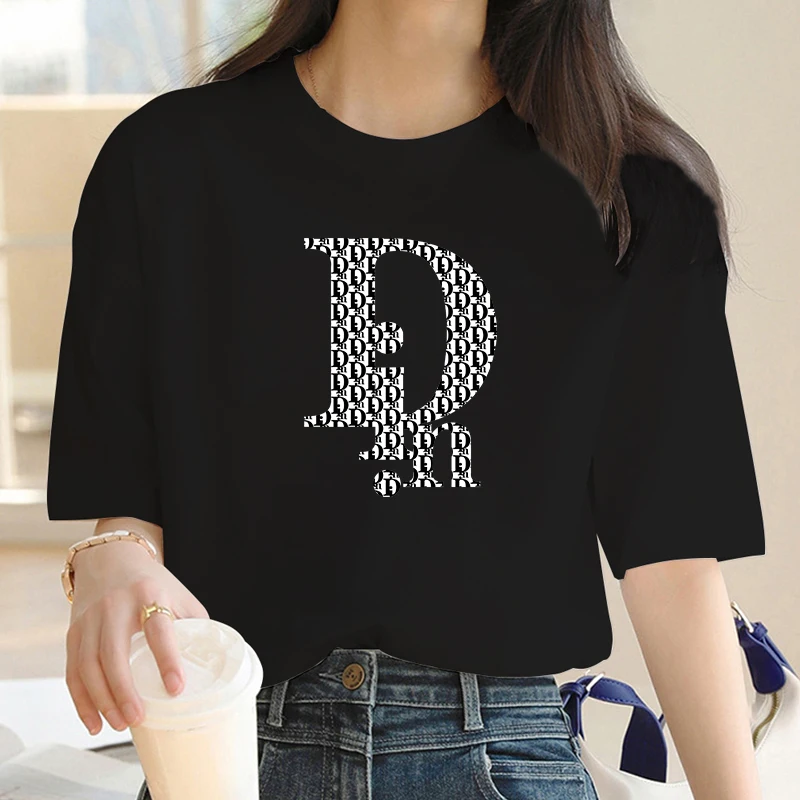 T Shirt Cotton T Shirt V Neck T Shirt Luxury Brand Print Y2k T-shirt For Women's Summer Oversized Ladies Short Sleeved Tees Clothing Loose Pure Cotton Soft Tops