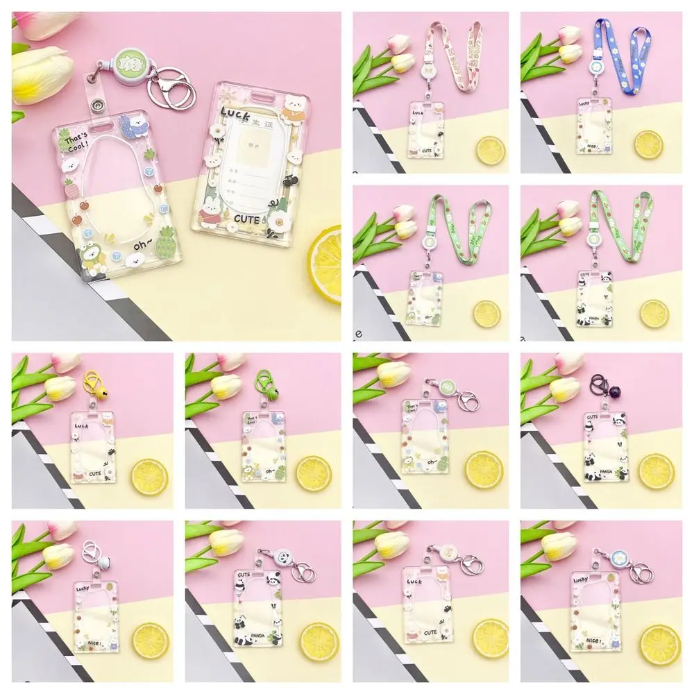 Bear Cartoon Acrylic Card Holder Elegant Transparent Rabbit Lanyard Bus Card Box Bell Korean Style Rabbit Card Case Office ghost slayer lanyard bell card holder bus card holder anime and cartoon peripheral same