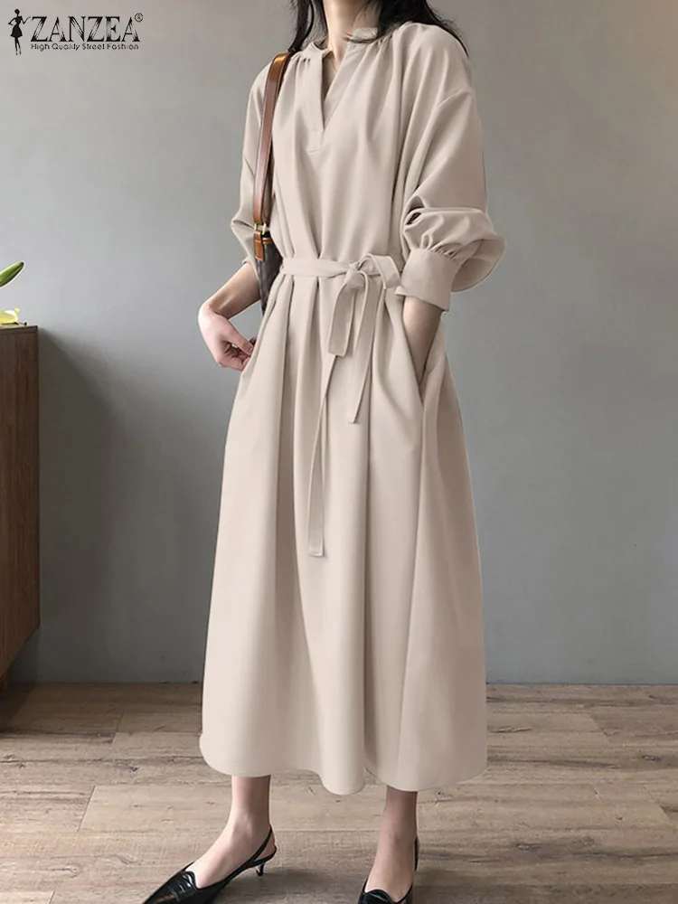 

ZANZEA Women Long Vestidos 2024 Spring Shirt Dress Vintage Solid V-neck Long Sleeve Belted Robes Office Lady Pocket Midi Dresses