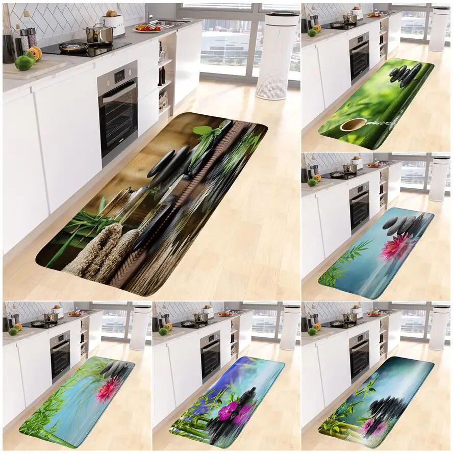Zen Kitchen Floor Mat Green Bamboo Orchid Lotus Black Stone Spa Nature Scenery Home Decor Tappeto Lungo Tappeti Antiscivolo Tappetino Da Bagno S