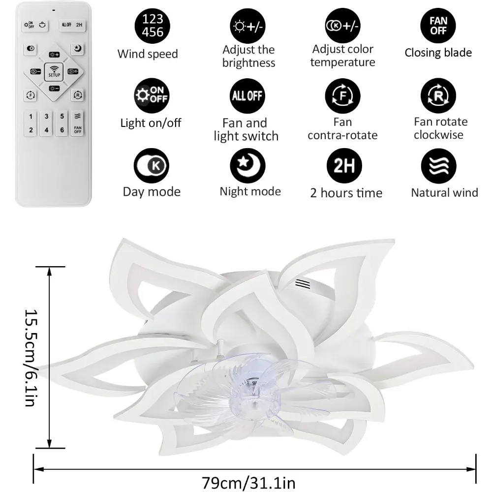 31.1-inch Ceiling Fans with Lights and Remote, Chandelier Ceiling Fans with 3 Color, 6 Speeds, Indoor Flush Mount