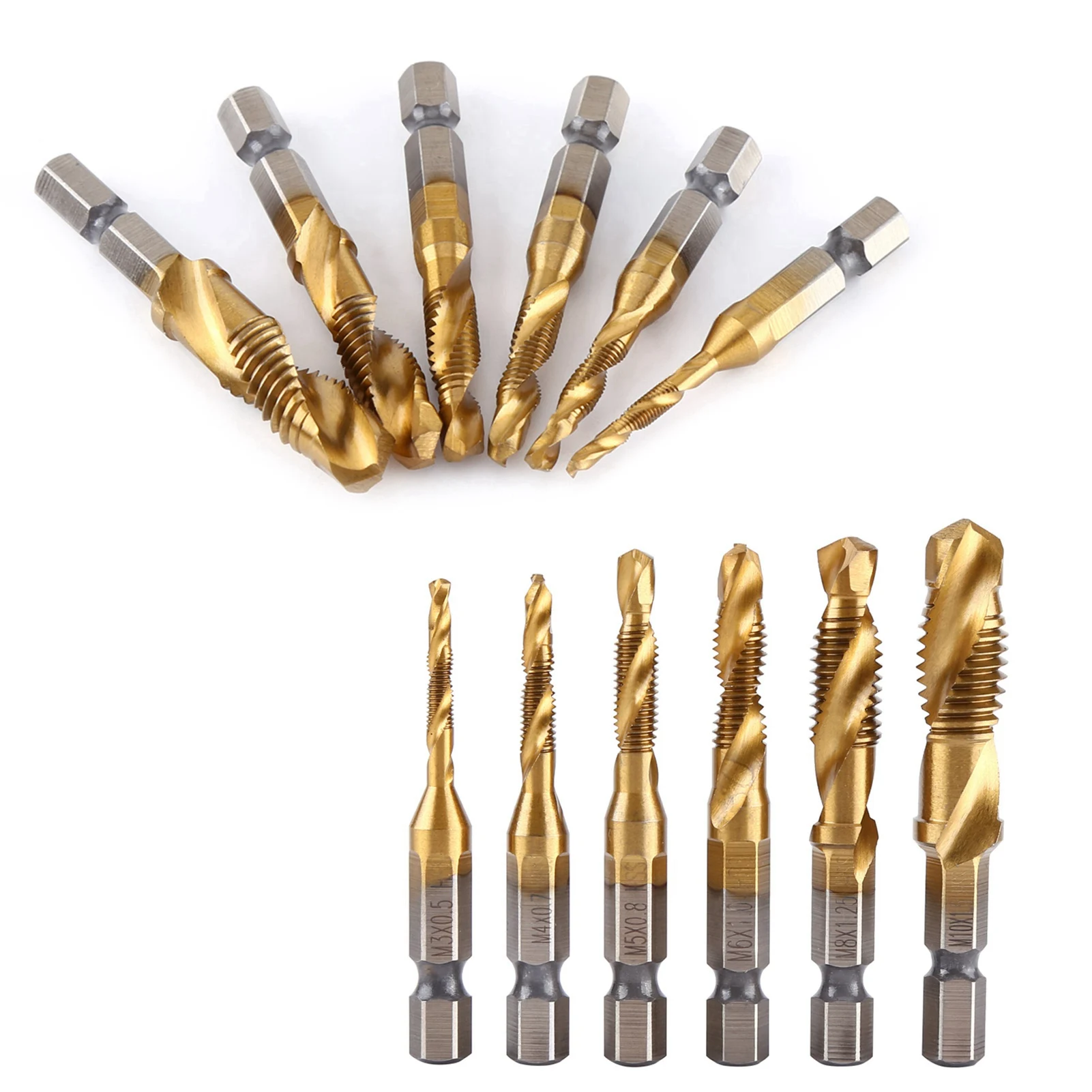Drill and Tap Bit Metric Thread M3-M10 Titanium Coated HSS Drill and Tap Bits 1/4" Hex Shank