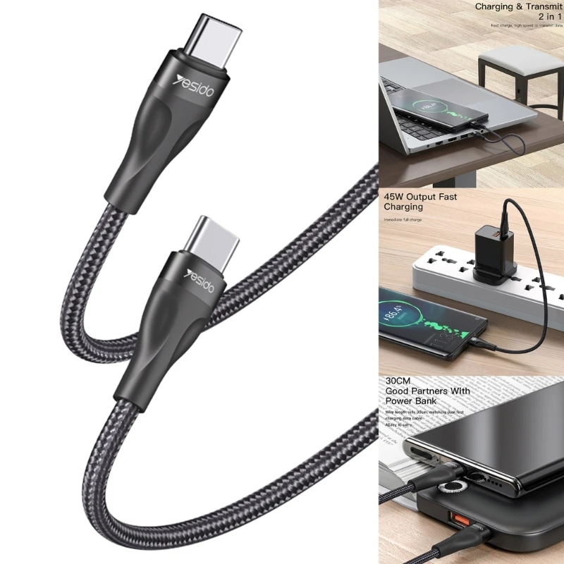 45W 30cm Short USB C to USB C Cable Type to Type Cable Fast Charging Data Transfer for Phone 15 Cellphone F19E