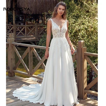 RODDRSYA Boho Wedding Dresses for Women V-Neck Elegant Lace Chiffon Backless Bridal Gown A Line Civil robe de mariée Customized