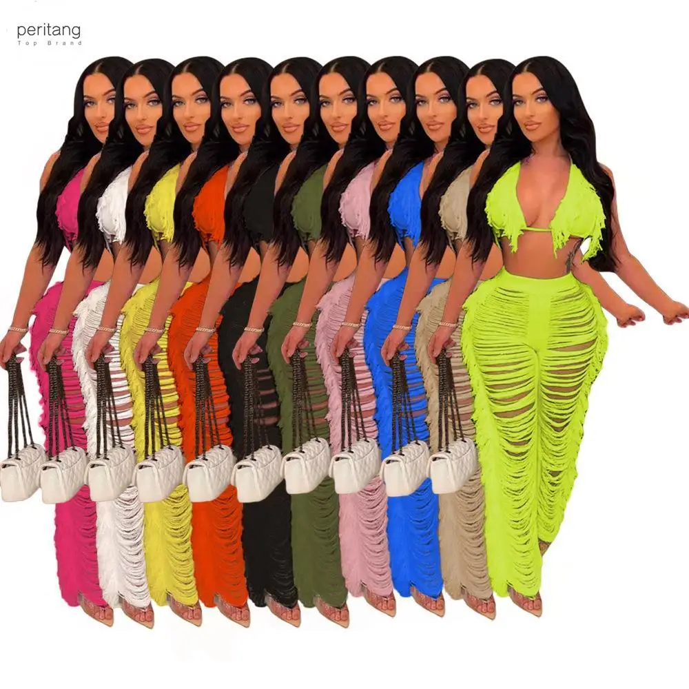 

Knitted Bikini Two Piece Set Tassel Hollow Out Sexy Beach Suit Lace Up Bra + Long Pants Holidays Party Outfits Summer
