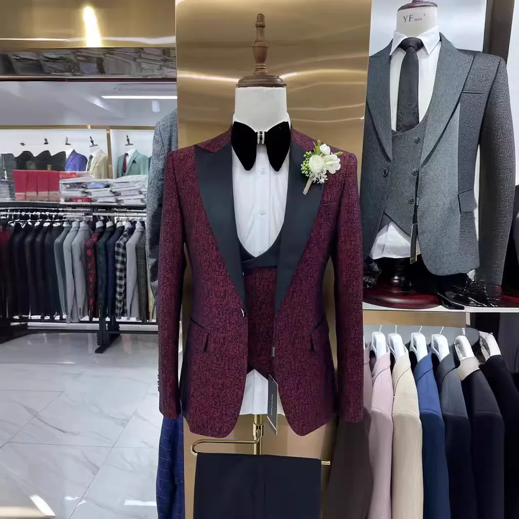 Men's 3 Pcs Set Groom Dress Coat Vest / 2023 Slim Fit Wedding Dress Business Casual Formal Suit Blazers Jacket Pants Waistcoat
