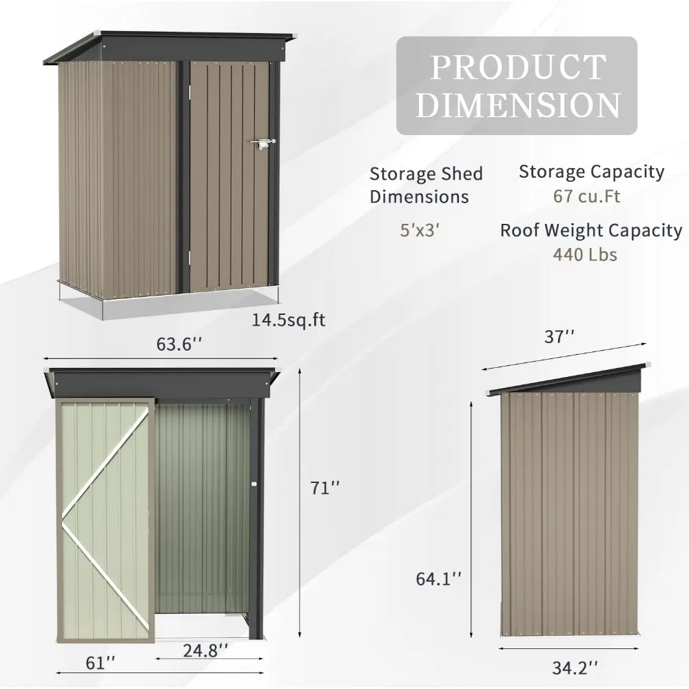 Metal Outdoor Storage Shed 5FT x 3FT, Steel Utility Tool Shed Storage House with Door & Lock 6