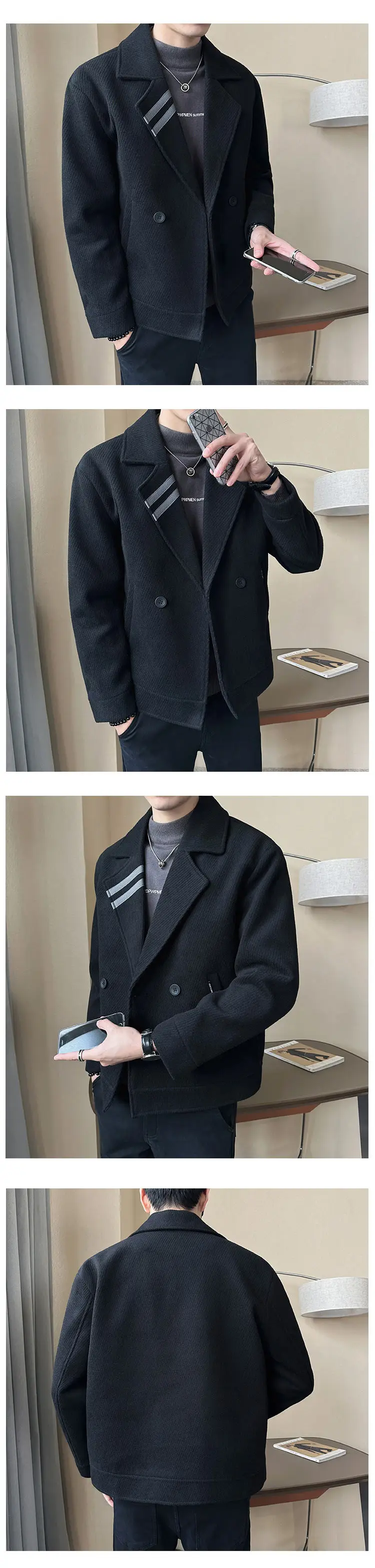 Description Picture 4 of itemTop Quality Men's Fall Winter Short Woolen Coat Double-breasted Men's Solid Color Padded Padded Warm Woolen Jacket Men's Coats