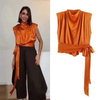 Women's Top 2026 Spring New Style Orange Sleeveless Satin Texture Long Ribbon Top Elegant and Stylish Unique Fashion Focus