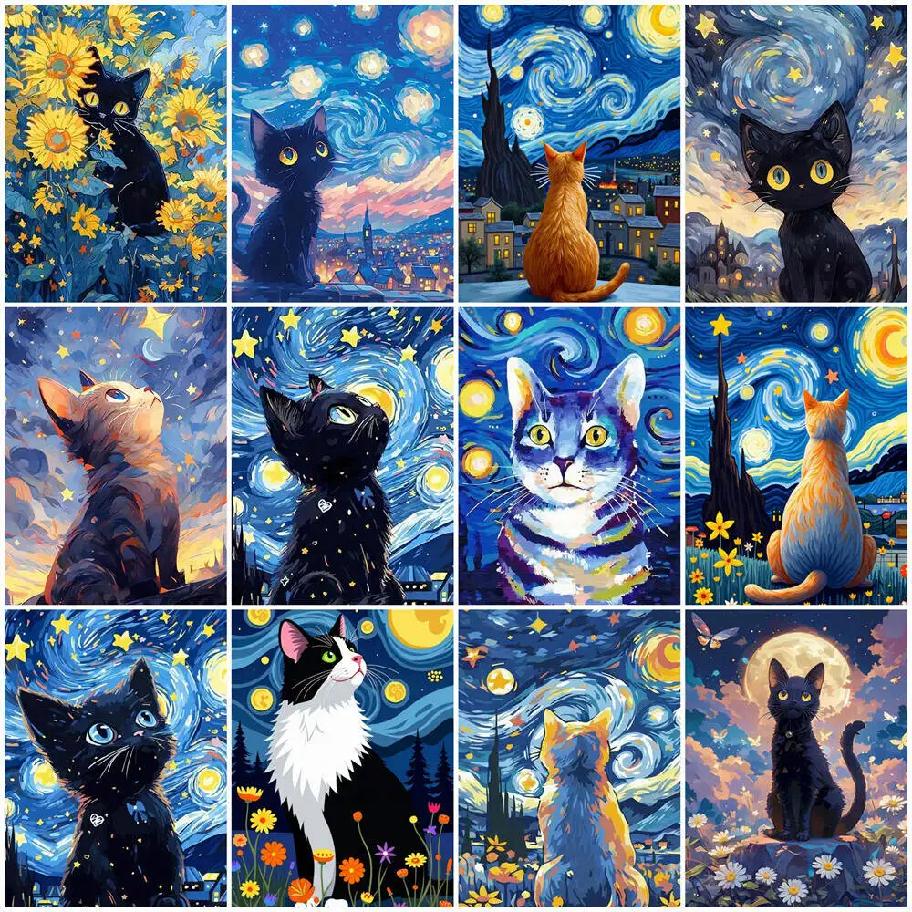 DIY Oil Painting By Numbers Cat Moon Pictures Canvas Kits Wall Decor