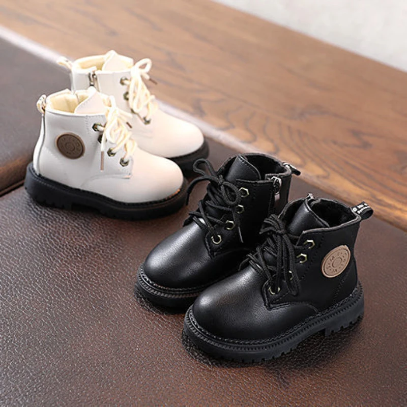 Little Girl Boots White Fashion Leather Shoes Black PU Sneakers Kids