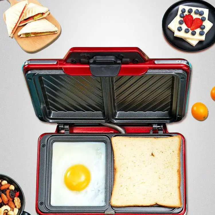 Red Sandwich Makers Press multifunction Breakfast Machine Toaster Ham Egg Food grade Anti stick coating Double disk Edge banding